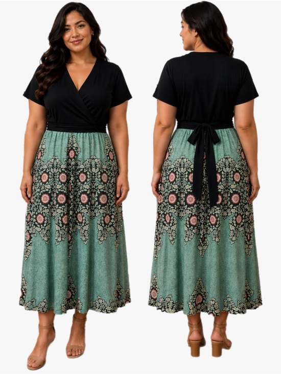 eshakti Dresses & Skirts - Eshakti Custom XL Black Wrap Midi Dress Green Floral Medallion Short Sleeve Tie